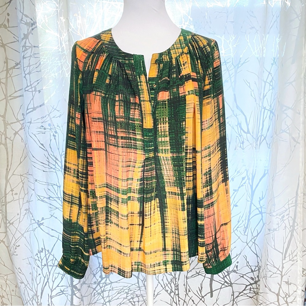 THAKOON yellow peach green print silk button down neck v-neck long sleeve top